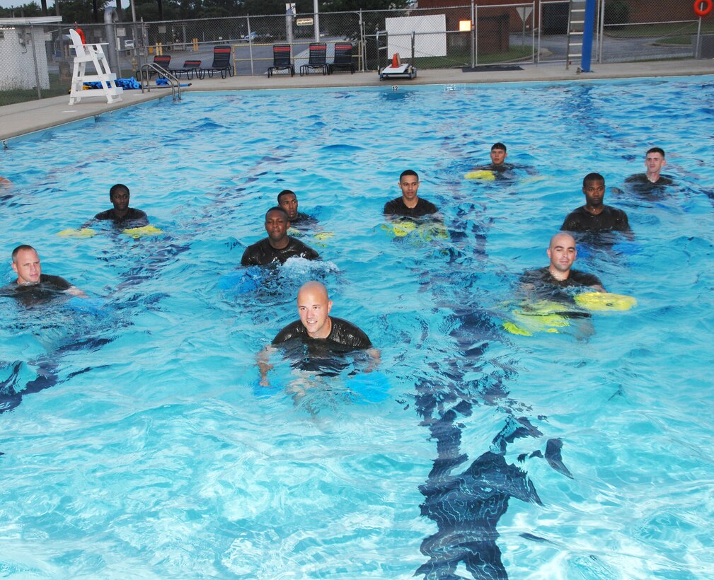 Marines participate in the Aquatics Maximum Power-Intense Training Program at the Base Pool aboard Marine Corps Logistics Base Albany, recently. AMP-IT, an aquatic version of the High Intensity Tactical Training program, it is a high-intensity, high-cardio but a low-impact workout.
