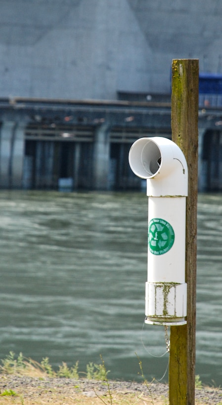 The rule at Bonneville Lock and Dam is "Pack it in, pack it out." There is no garbage collection at Bonneville Lock and Dam--but there are recycling points like this one, for excess fishing line. For all other non-recyclable materials and trash, remember: Pack it in, pack it out.