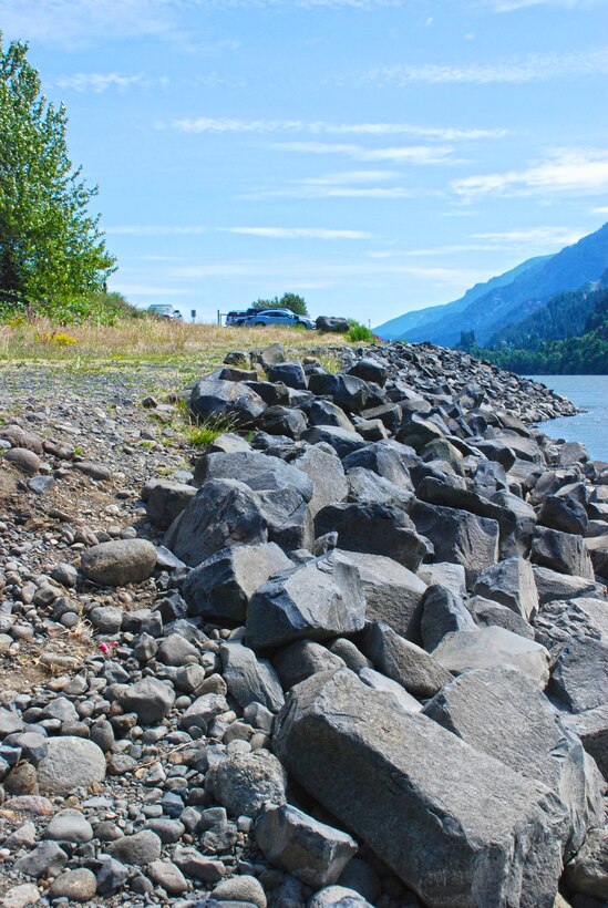 Bank armoring at the North Shore Recreation Area at Bonneville Lock and Dam helps improve mobility for people looking to fish along the Columbia River, and helps cut back on erosion of the bank.