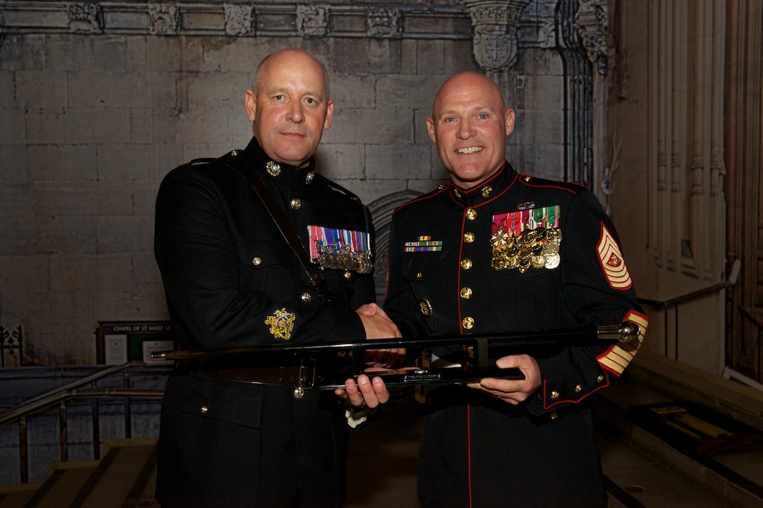 The 17th Sergeant Major of the Marine Corps, Sgt. Maj. Micheal P. Barrett, attends a reception following the Beating Retreat musical spectacular, celebrating their 350th anniversary, at Westminster Hall, in London England, on June 4, 2014. (U.S. Marine Corps photo by Sgt. Mallory S. VanderSchans/ Released)