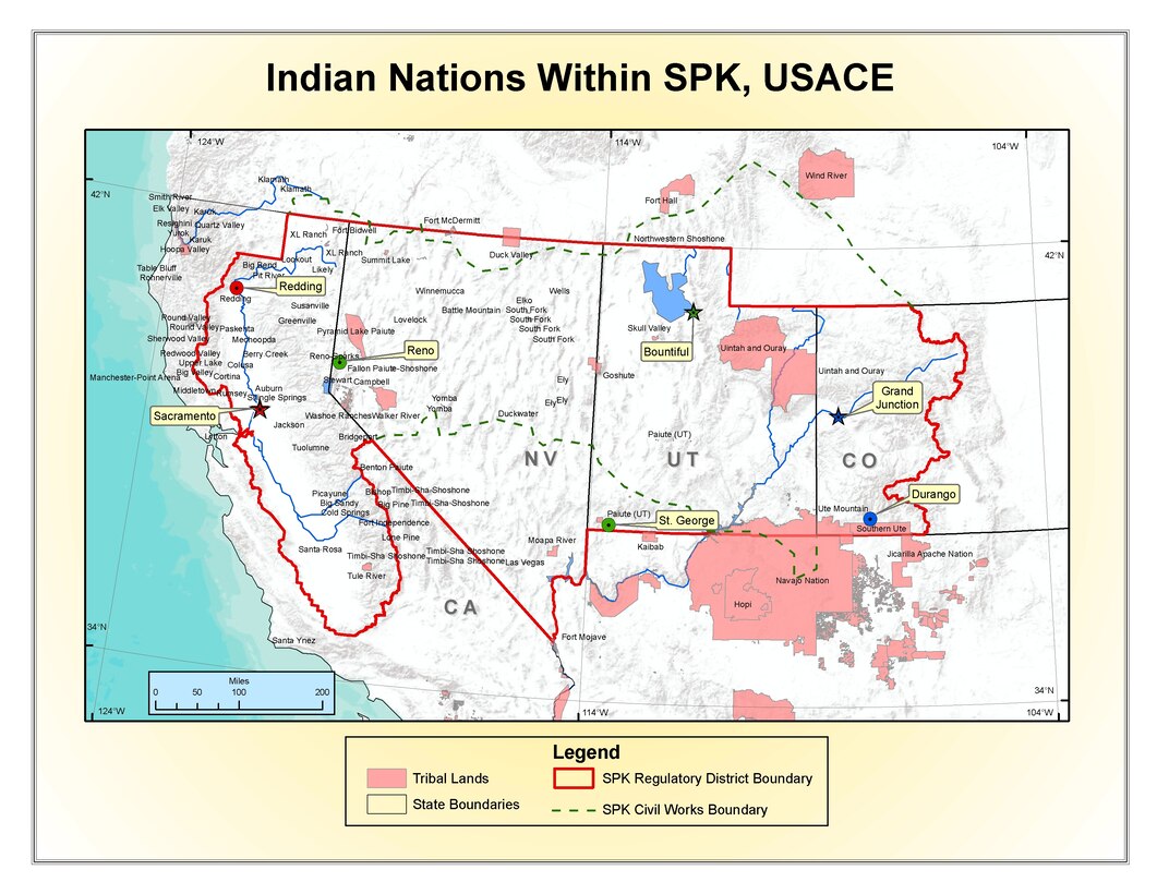 Map shows boundaries of Sacramento District service areas and location of Indian nations.