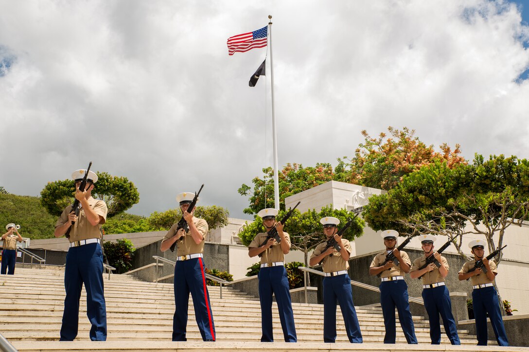 U.S. Marines conduct a rifle honors volley salute at the National Memorial Cemetery of the Pacific (Punchbowl) during the 64th annual Korean War memorial ceremony, June 25, 2014. The ceremony commemorated U.S. and Republic of Korea veterans, both living and dead, who fought for the freedom of South Korea, and guests in attendance laid wreaths at the base of the memorial to honor those who gave their lives. (U.S. Marine Corps photo by Cpl. Matthew J. Bragg)