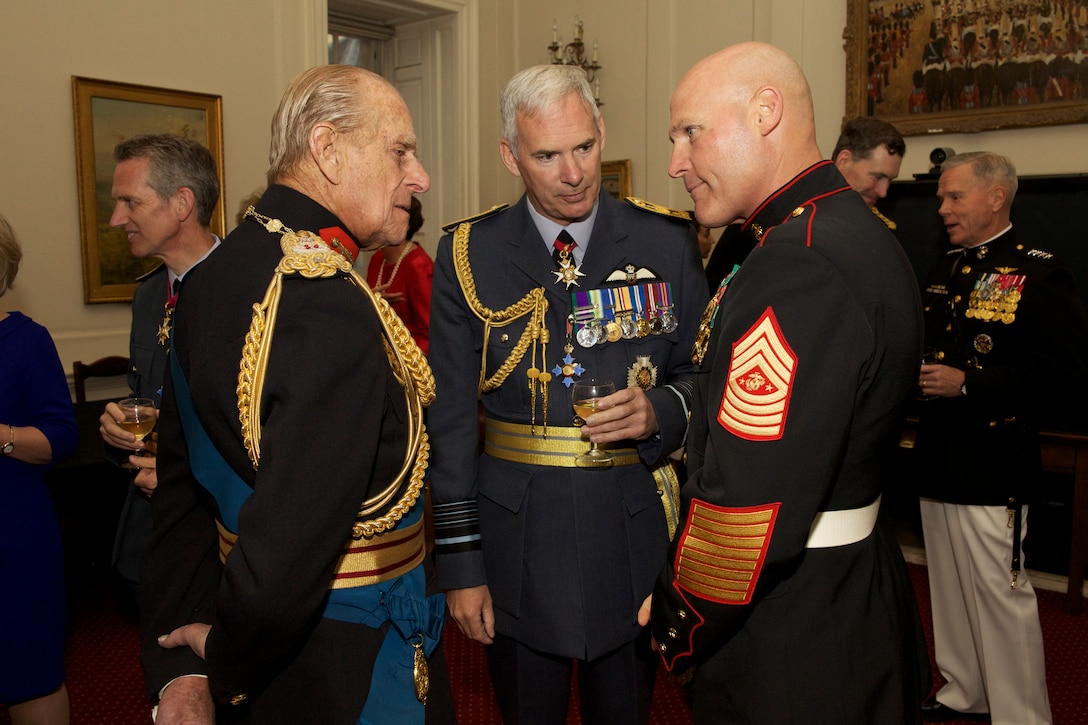 The 17th Sergeant Major of the Marine Corps, Sgt. Maj. Micheal P. Barrett, attends a reception following the Beating Retreat musical spectacular, celebrating their 350th anniversary, at the Horse Guards Parade grounds, in London England, on June 4, 2014. 