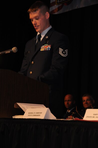 U.S. Air Force Tech. Sgt. Nicholas Crouse speaks at the Department of Pennsylvania Veterans of Foreign Wars’ 95th Annual State Convention held at Lancaster Host Resort & Conference Center, June 19th. The VFW awarded Sgt. Crouse, 193rd Special Operations Medical Group Airman, with the 2014 Eagle Award for his outstanding service during Operation Enduring Freedom. (U.S. Air National Guard photo by Tech. Sgt. Culeen Shaffer/Released)