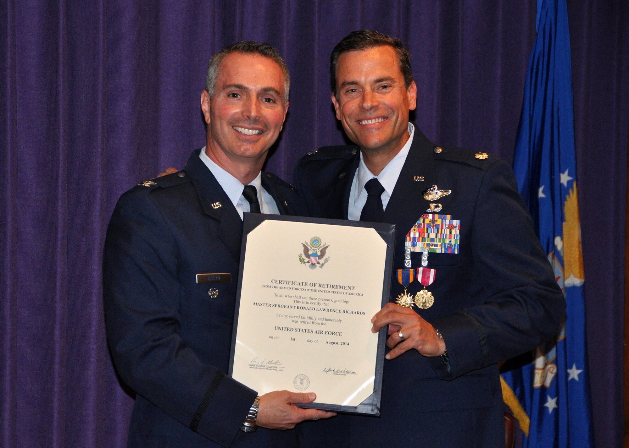 TRAVIS AIR FORCE BASE, Calif. -- Lt. Col. Jeffrey Whiteman, a KC-10 pilot with the 70th Air Refueling Squadron, retired after 26 years of service, June 21, 2014. During the retirement ceremony at Travis Air Force Base, Calif. (U.S. Air Force photos/Staff Sgt. Cindy G. Alejandrez)