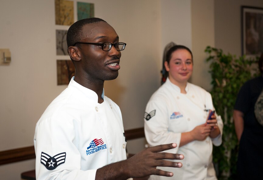 U.S. Air Force Senior Airman Arthur Williams, 23d Force Support Squadron food services specialist, gives an introduction before the start of a Man vs. Food competition at Moody Air Force Base, Ga., June 25, 2014. This was the first Man vs. Food competition the base has ever hosted. (U.S. Air Force photo by Senior Airman Jarrod Grammel/Released)
