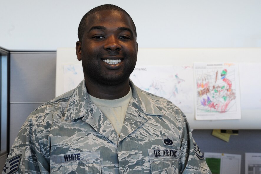 Staff Sgt. Chris White was one of three Airmen from the Air Force District of Washington selected for promotion to technical sergeant at Joint Base Andrews, Maryland, June 26, 2014. White is the AFDW Command’s Support Staff unit training manager.  Of the 38,344 staff sergeants eligible for promotion to technical sergeant, 6,684 were selected, a 17.43 percent selection rate. (U.S. Air Force photo/Master Sgt. Tammie Moore)