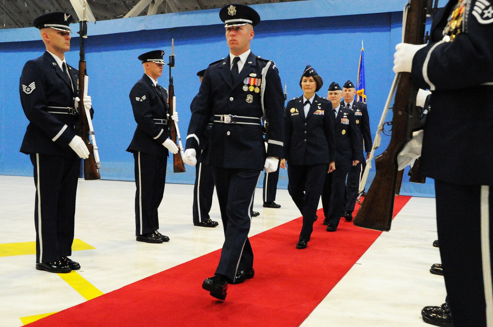 Air Force District of Washington Commander Maj. Gen. Sharon K.G. Dunbar, Col. Kevin Payne, 844th Communications Group commander, and Lt. Col. Bradley Barnhart arrive at the 844th CG Change of Command ceremony at Joint Base Andrews, Md., June 26, 2014. Barnhart took command of the 844th CG. (U.S. Air Force photo/Staff Sgt. Matt Davis)
