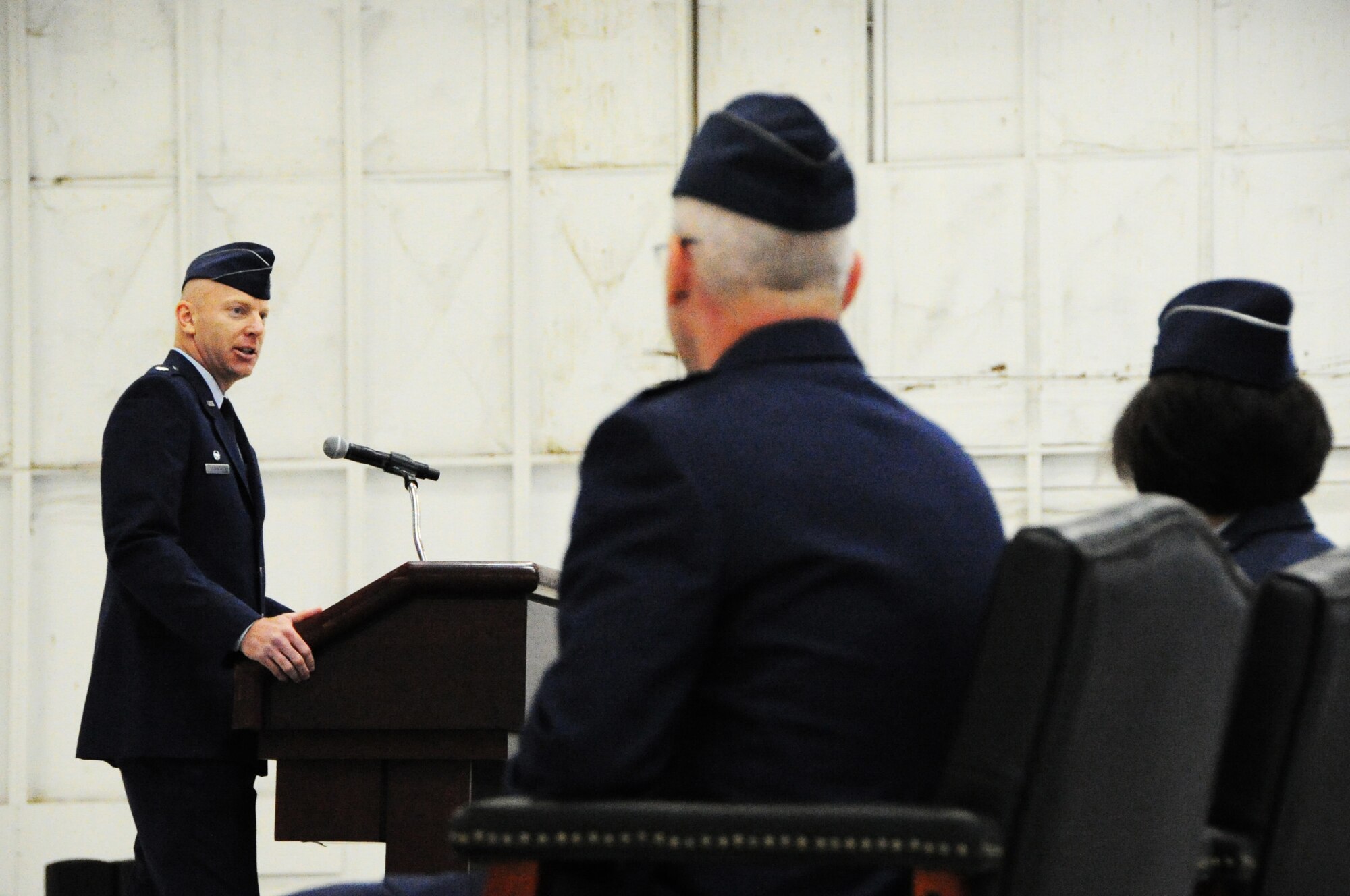 Lt. Col. Bradley Barnhart, 844th Communications Group commander, speaks to friends, family and Airmen attending the 844th CG Change of Command ceremony at Joint Base Andrews, Md., June 26, 2014. Barnhart took command of the 844th CG from outgoing commander Col. Kevin Payne. (U.S. Air Force photo/Staff Sgt. Matt Davis)