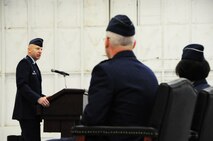 Lt. Col. Bradley Barnhart, 844th Communications Group commander, speaks to friends, family and Airmen attending the 844th CG Change of Command ceremony at Joint Base Andrews, Md., June 26, 2014. Barnhart took command of the 844th CG from outgoing commander Col. Kevin Payne. (U.S. Air Force photo/Staff Sgt. Matt Davis)
