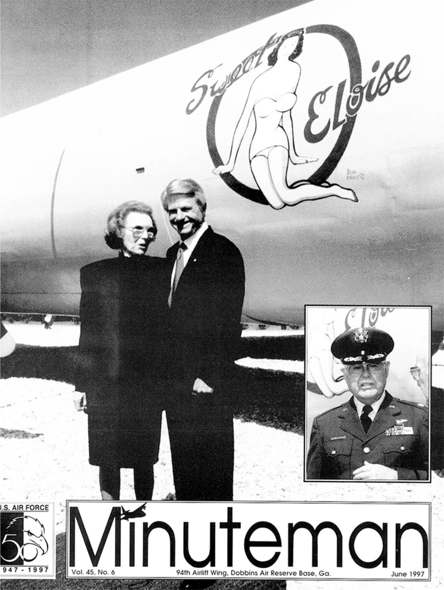 Originally published on the cover of the June 1997 Minuteman, The Dobbins front gate B-29 static display, Sweet Eloise was dedicated May 6, 1997. Gov. Zell Miller attended the event, which drew several hundred visitors. Pictured with the governor is Eloise Strom, the bomber’s namesake. [inset] Lt. Col. Ray Clinkscales, the plane’s first pilot, flew this B-29 on eight missions during World War II. (U.S. Air Force photo/Rick Ross)