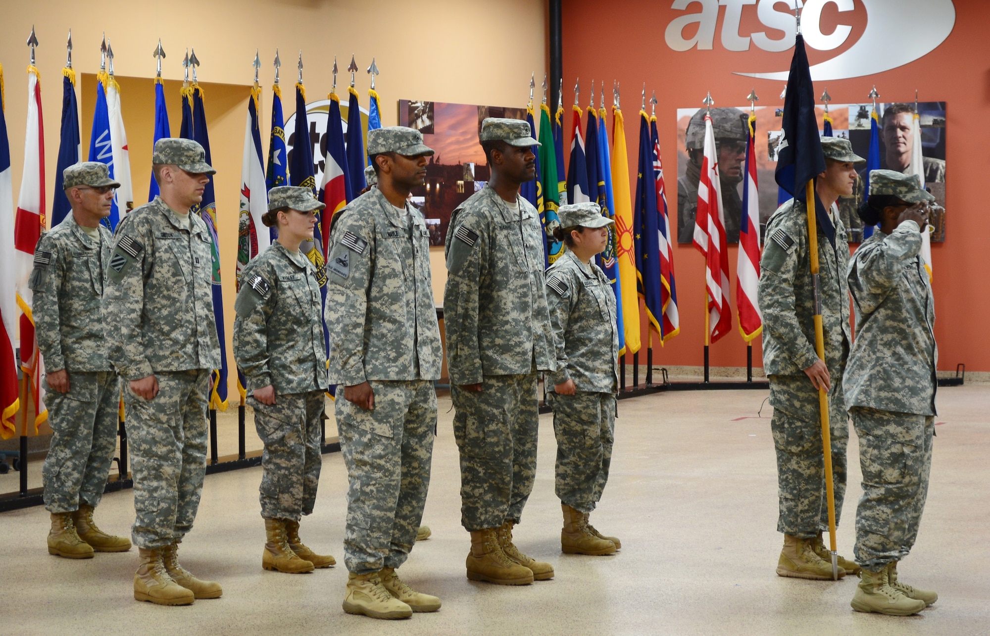 U.S. Army Soldiers assigned to the 52nd Theater Gateway, 53rd Transportation Battalion, 7th Transportation Brigade (Expeditionary), stand in formation during a deployment ceremony at Fort Eustis, Va., June 21, 2014. The team headed to Southwest Asia in support of Operation Enduring Freedom. (U.S. Army photo by Spc. Marian Alleva/Released)