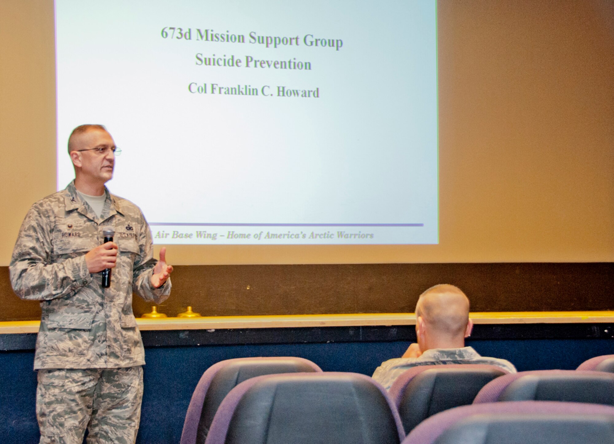 Col. Franklin Howard, 673d Mission Support Group commander, speaks to 673d Air Base Wing Airmen during Resilient Airmen Day on Joint Base Elmendorf-Richardson, Alaska, June 20, 2014. Howard spoke about suicide and how to spot the indicators of suicide in others and themselves. Family advocacy, chaplains and many other organizations on JBER are places Airmen can go for help. (U.S. Air Force photo/Airman 1st Class Tammie Ramsouer)