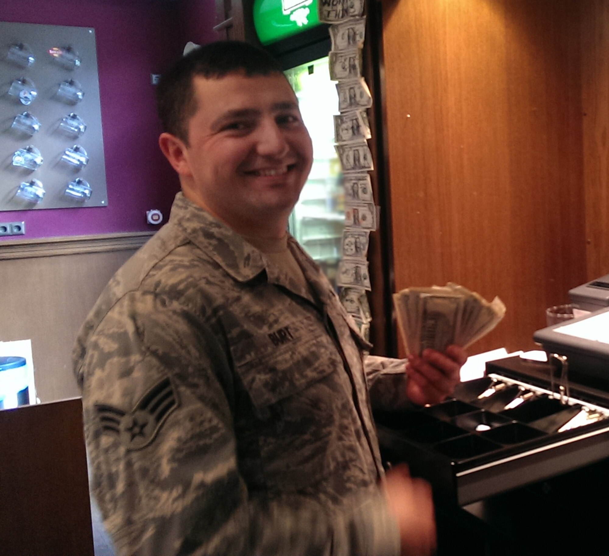 U.S. Air Force Senior Airman Chad Burt, 703rd Munitions Support Squadron food and recreation journeyman from  Enumclaw, Wash., is the Super Saber Performer for the week of June 26 – July 2. (Courtesy photo/Released)