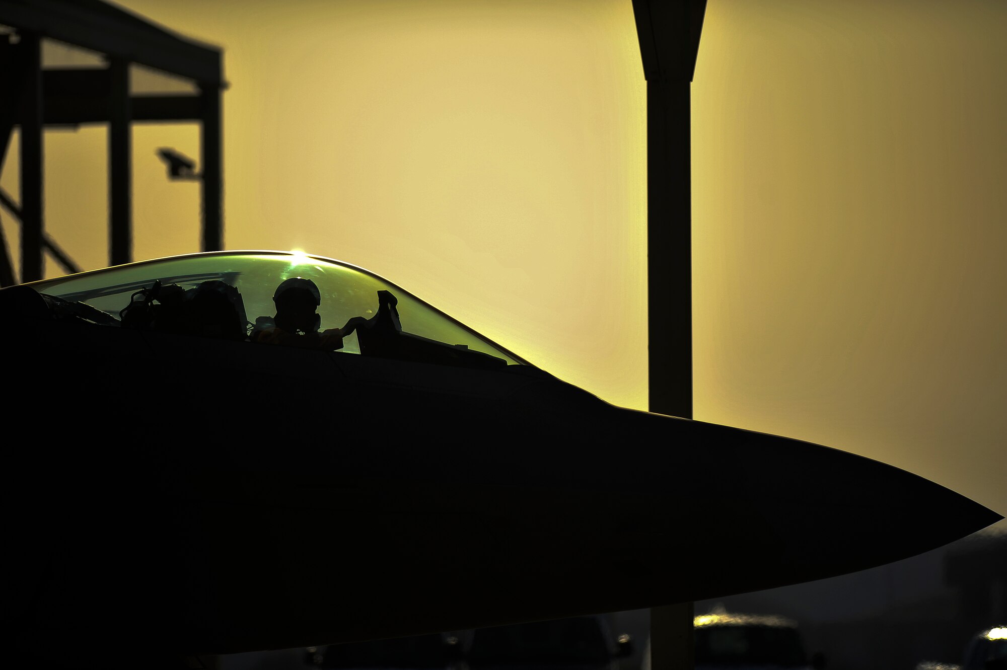 An F-22A Raptor pilot performs pre-flight operations checks June 17, 2014, at an undisclosed location in Southwest Asia. The F-22, a critical component of the Global Strike Task Force, is designed to project air dominance, rapidly and at great distances and defeat threats attempting to deny access to our nation's Air Force, Army, Navy and Marine Corps.(U.S. Air Force photo by Tech. Sgt. Russ Scalf/Released)