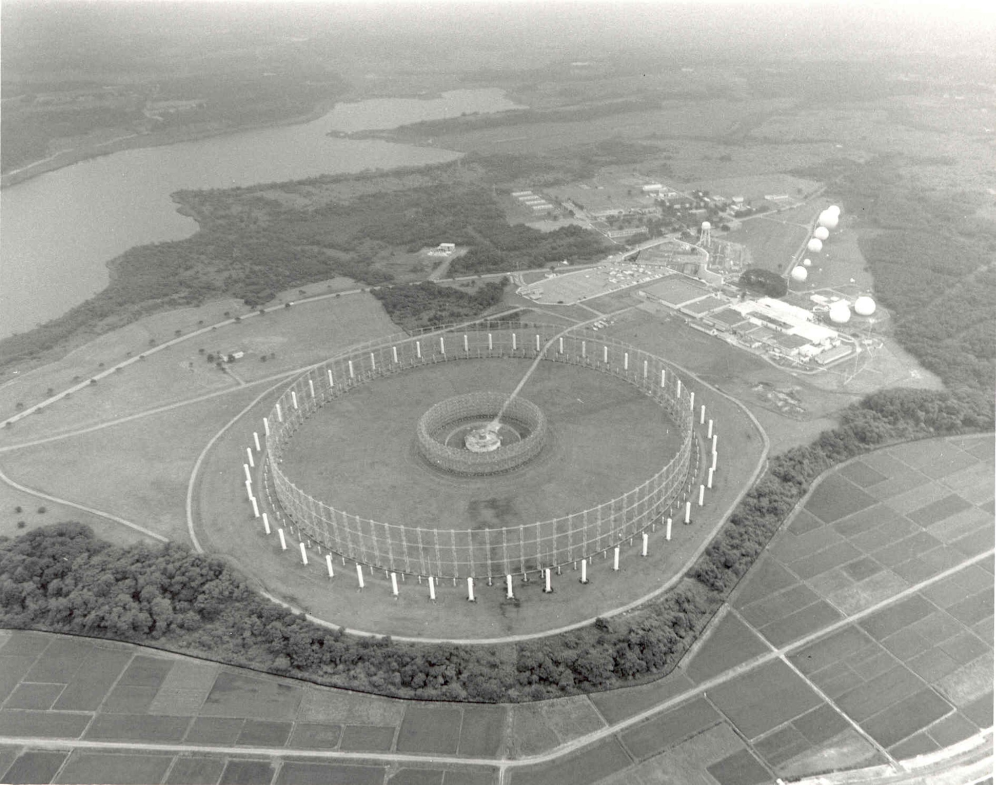The AN/FLR-9 antenna array at Misawa Air Base had the capability of intercepting and directionally locating signals up to 4,000 nautical miles distant.  Known as the Elephant Cage, the antenna array was constructed from 1963 to 1965.  (U.S. Air Force historical photo)