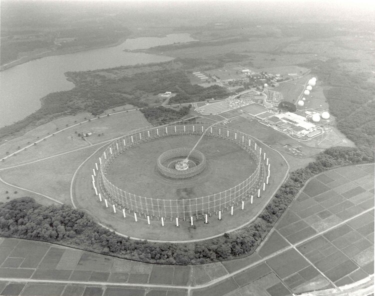 The AN/FLR-9 antenna array at Misawa Air Base had the capability of intercepting and directionally locating signals up to 4,000 nautical miles distant.  Known as the Elephant Cage, the antenna array was constructed from 1963 to 1965.  (U.S. Air Force historical photo)