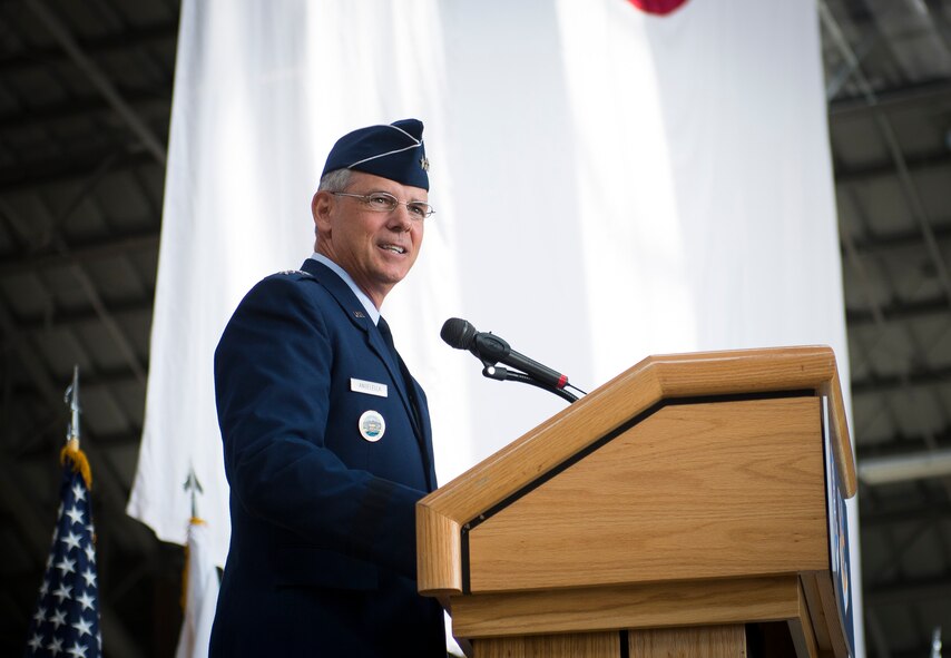 Lt. Gen. Salvatore Angelella, U.S. Forces Japan, and 5th Air Force commander, addresses team Yokota and representatives from the Japanese community during the 374th Airlift Wing change of command ceremony at Yokota Air Base, Japan, June 26, 2014. He spoke to the gathered audience about the leadership style of Col. Mark August, who relinquished command to Col. Douglas DeLaMater. (U.S. Air Force photo by Staff Sgt. Chad C. Strohmeyer/Released)