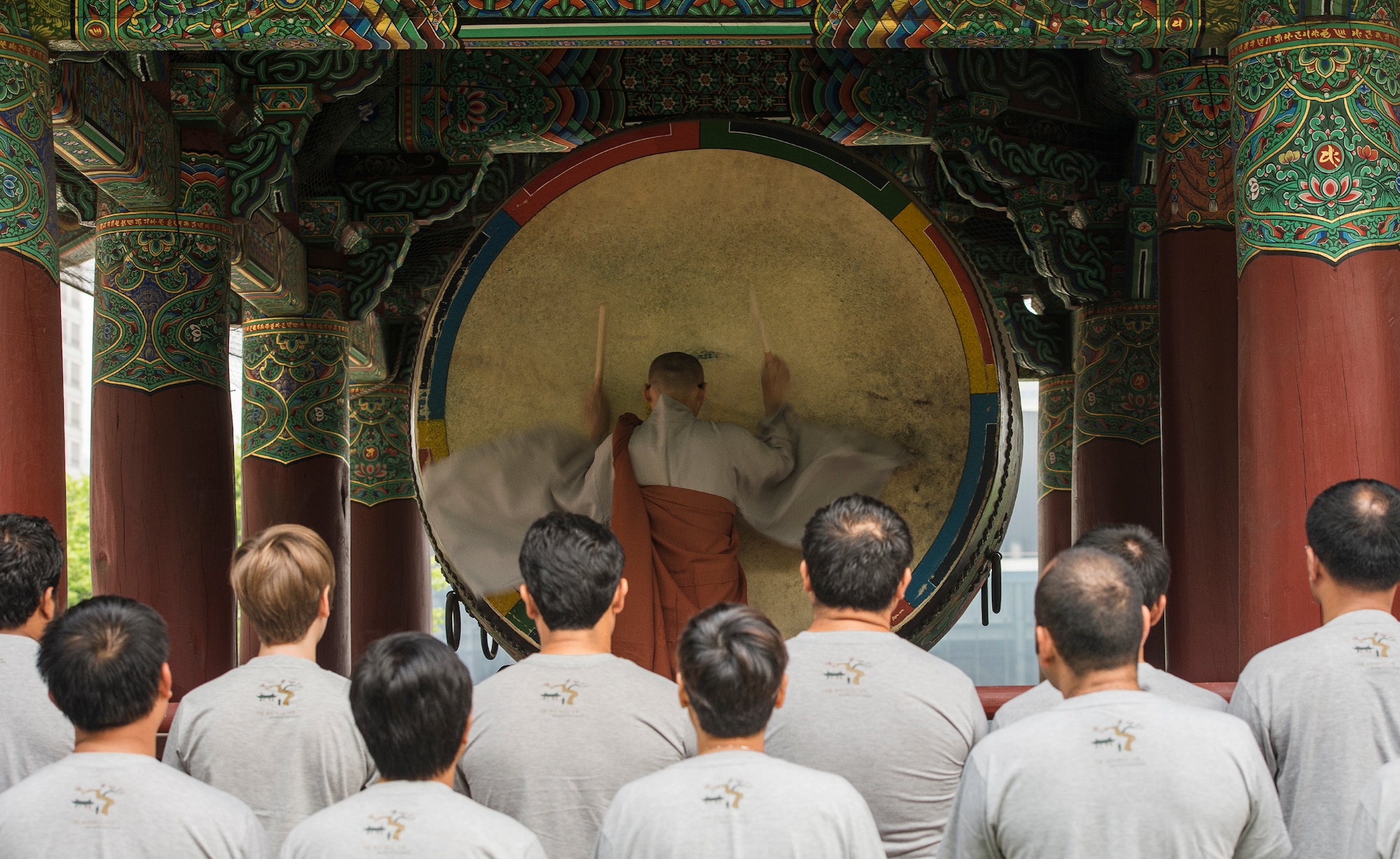 A monk bangs a drum at Bonguensa Temple May 24, 2014, in Seoul, Republic of Korea. Participants in the temple-stay program spend two days at the temple, taking part in and witnessing the routines of the monks who live there. (U.S. Air Force photo by Staff Sgt. Jake Barreiro)