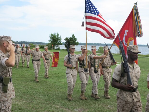 Marines from 6TH Marines, 2ND Marine Division conduct a Pass in Review for Sergeant Major Post and Relief ceremony.