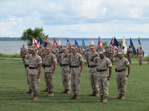 Marines from 6TH Marines, 2ND Marine Division render a hand salute for 6TH Regiment Sergeant Major Post and Relief ceremony.