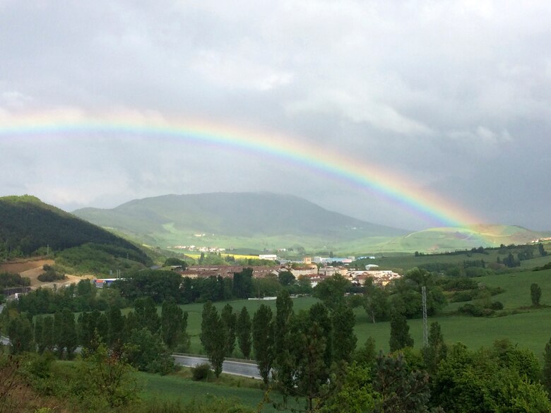 Barney Schulte, a structural engineer in the U.S. Army Corps of Engineers Nashville District, snapped a photo May 3, 2014 of this rainbow over the outskirts of Pamplona, Spain during his 490-mile pilgrimage of Camino de Santiago, an ancient path that Christians retrace for spiritual renewal. Schulte departed St. Jean Pied-de-Port, France April 30 and completed his journey in Santiago, Spain June 6.