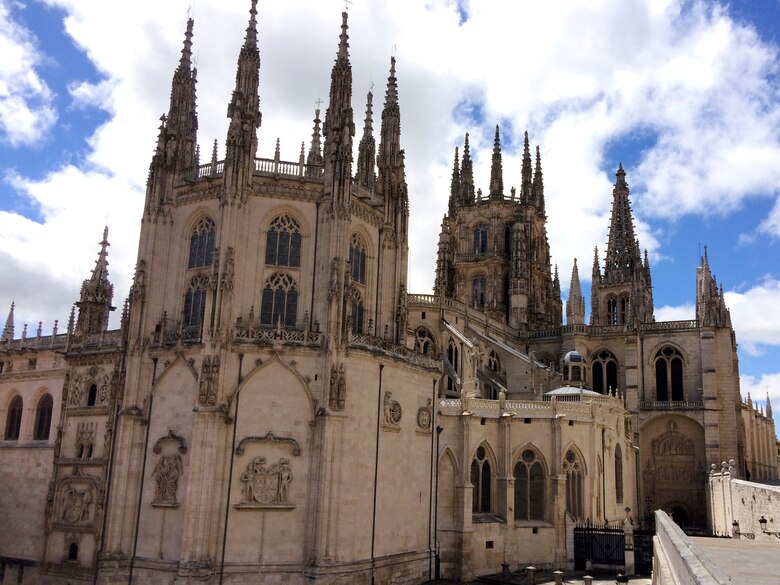 This is the rear entrance into the 13th century Cathedral de Santa Maria, located in Burgos, Spain.  Barney Schulte, a structural engineer in the U.S. Army Corps of Engineers Nashville District, captured this photo May 13, 2014 during his 490-mile pilgrimage of Camino de Santiago, an ancient path that Christians retrace for spiritual renewal.