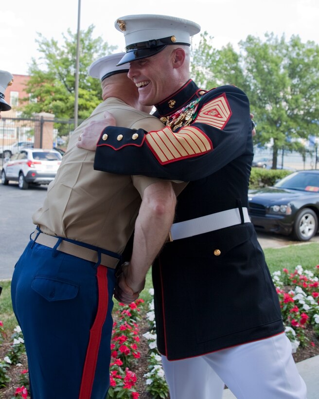 The 17th Sergeant Major of the Marine Corps, Sgt. Maj. Micheal P. Barrett, attends the retirement ceremony of MGySgt William L. Browne, Washington D.C., on June 26, 2014. Browne is the 39th Drum Major of "The President's Own" United States Marine Band. (U.S. Marine Corps photo by Lance Cpl. Samantha K. Draughon/ Released)  