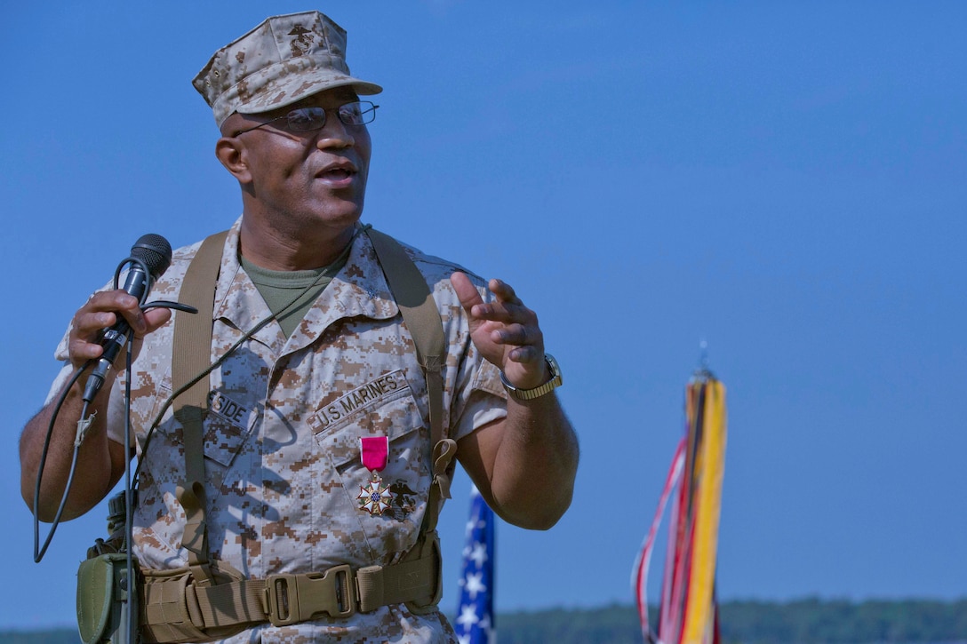 Col. Dwayne A. Whiteside (left), the outgoing commander of Combat Logistics Regiment 2, 2nd Marine Logistics Group, and Col. Brian N. Wolford, incoming commander of CLR-2, salute Marines  as they pass during the change of command ceremony for CLR-2 aboard Camp Lejeune, N.C., June 18, 2014.  Headquarters Company, General Support Motor Transportation Company, Combat Logistics Battalion 2 and Combat Logistics Battalion 6  were among the companies that attended the ceremony.