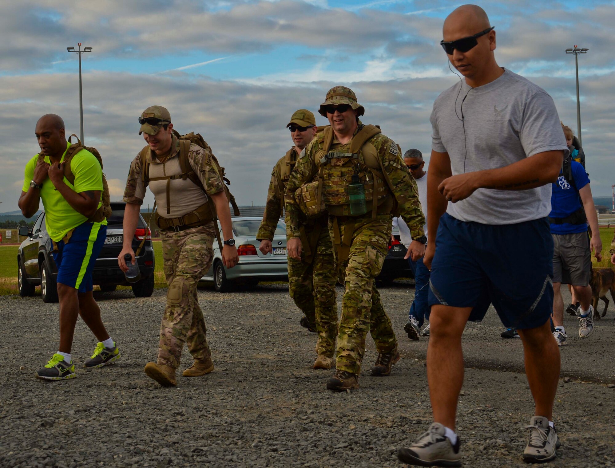 Participants run in the Jog for Joe Memorial 5K June 20, 2014, at Spangdahlem Air Base, Germany. Many run participants wore heavy explosive ordnance disposal suits or firefighter gear as part of the event to commemorate the loss of Staff Sgt. Joseph Hamski, formerly assigned to the 52nd Civil Engineer Squadron EOD flight, who was killed in support of Operation Enduring Freedom May 26, 2011. (U.S. Air Force photo/Staff Sgt. Joe W. McFadden)