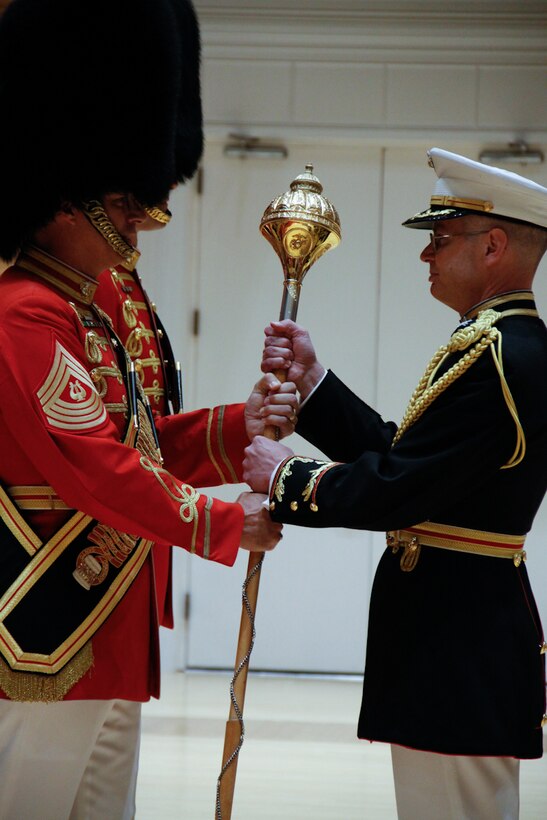 On June 26, 2014, the Marine Band conducted a Drum Major relief and appointment ceremony, officiated by Director Col. Michael J. Colburn in the John Philip Sousa Band Hall at Marine Barracks Washington, D.C. Drum Major Master Gunnery Sgt. William L. Browne was relieved by Gunnery Sgt. Duane F. King, making him the 40th Drum Major of “The President’s Own.” Immediately following the ceremony, Browne retired after 25 years in the Marine Corps. His retirement ceremony was officiated by the 35th Commandant of the Marine Corps, General James F. Amos.