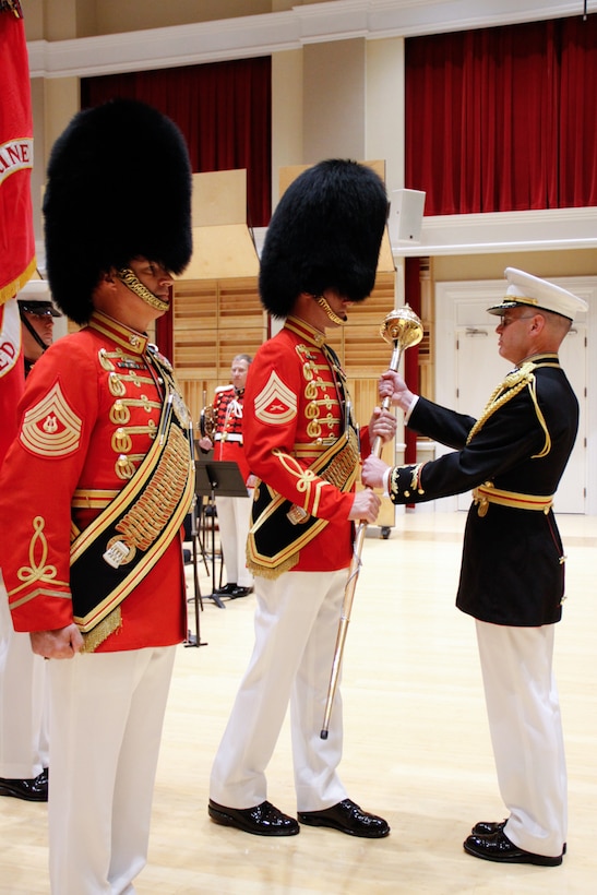 On June 26, 2014, the Marine Band conducted a Drum Major relief and appointment ceremony, officiated by Director Col. Michael J. Colburn. Drum Major Master Gunnery Sgt. William L. Browne was relieved by Gunnery Sgt. Duane F. King, making him the 40th Drum Major of “The President’s Own.” Immediately following the ceremony, Browne retired after 25 years in the Marine Corps. His retirement ceremony was officiated by the 35th Commandant of the Marine Corps, General James F. Amos.
