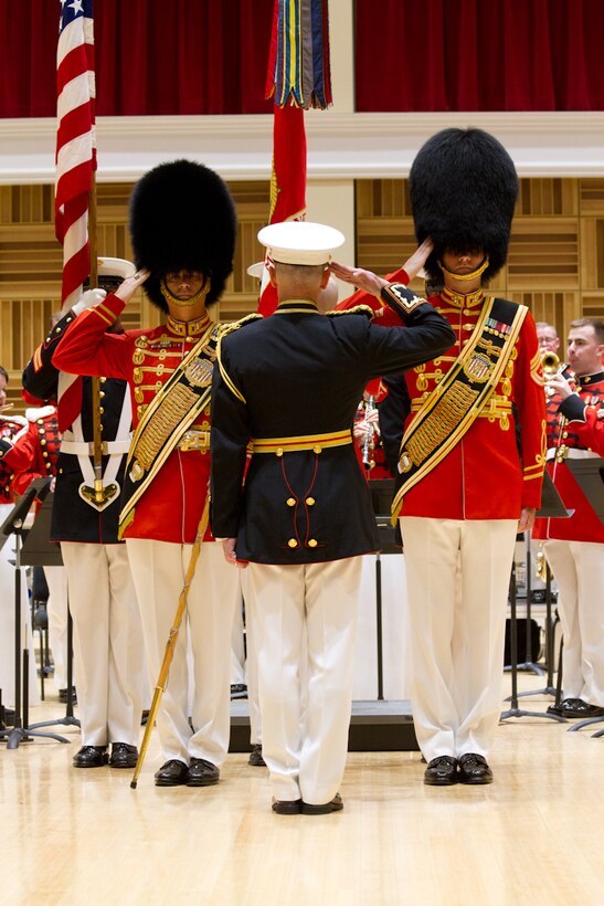 On June 26, 2014, the Marine Band conducted a Drum Major relief and appointment ceremony, officiated by Director Col. Michael J. Colburn in the John Philip Sousa Band Hall at Marine Barracks Washington, D.C. Drum Major Master Gunnery Sgt. William L. Browne was relieved by Gunnery Sgt. Duane F. King, making him the 40th Drum Major of “The President’s Own.” Immediately following the ceremony, Browne retired after 25 years in the Marine Corps. His retirement ceremony was officiated by the 35th Commandant of the Marine Corps, General James F. Amos.