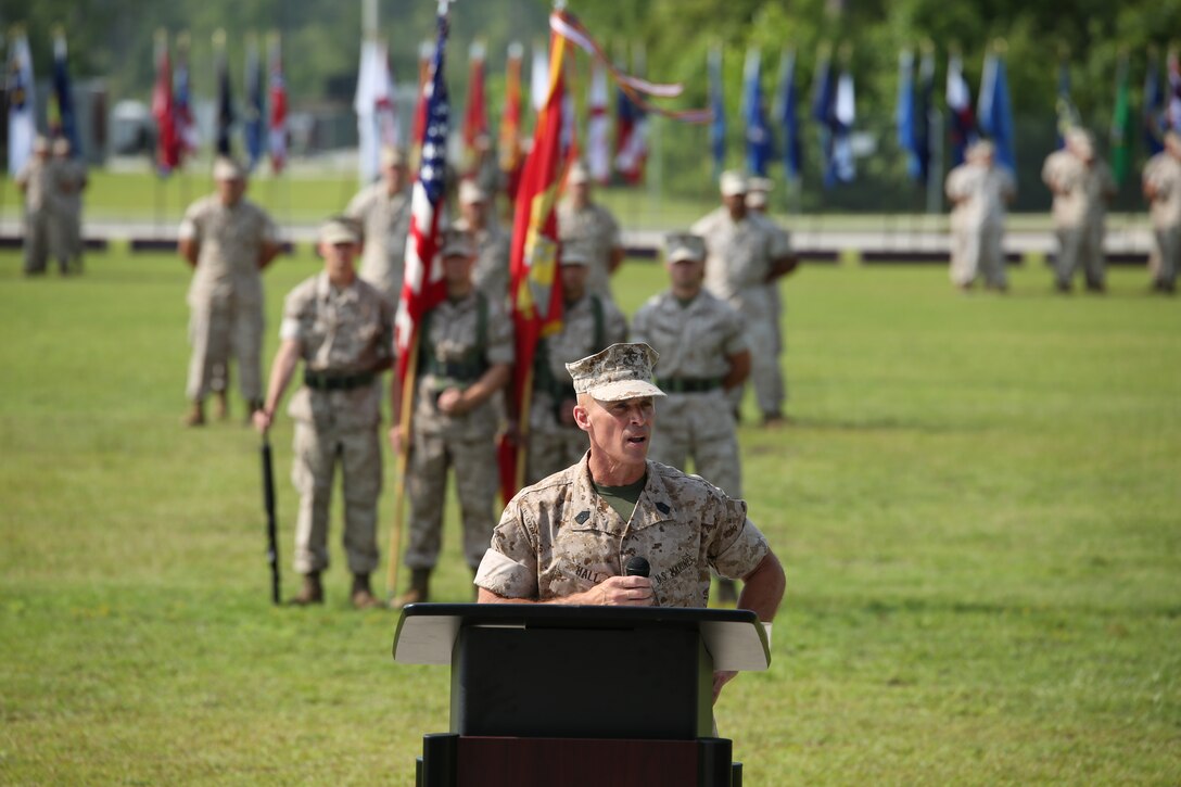 Sergeant Maj. Thomas A. Hall Jr., former sergeant major of U.S. Marine Corps Forces Special Operations Command, (MARSOC), gives his remarks during his relief and retirement ceremony at Stone Bay, aboard Marine Corps Base Camp Lejeune, N.C., June 27. “May God continue to bless this great nation, the U.S. Marines, our families and friends, Semper Fidelis Sgt. Maj. Scott,” said Hall.