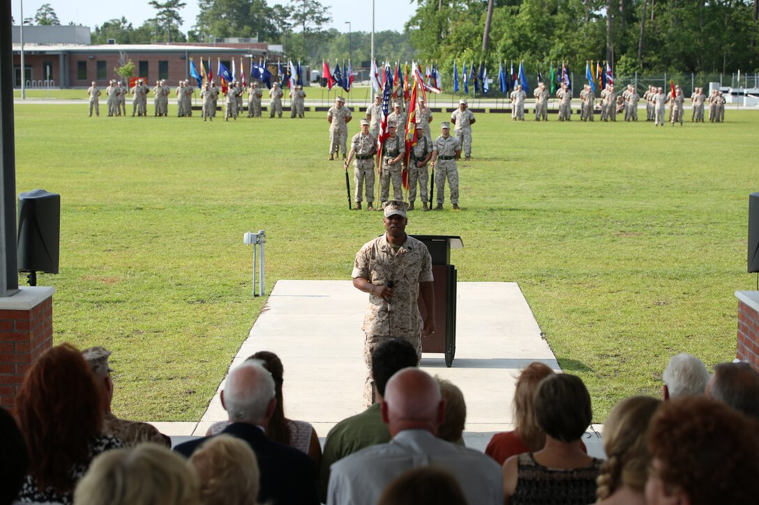 Sergeant Maj. John W. Scott, sergeant major of U.S. Marine Corps Forces Special Operations Command, (MARSOC), gave his remarks during his appointment ceremony at Stone Bay, aboard Marine Corps Base Camp Lejeune, N.C., June 27. “I am humbled and honored to be counted amongst the ranks of MARSOC, I look forward to joining you and adding to its rich legacy,” said Scott.