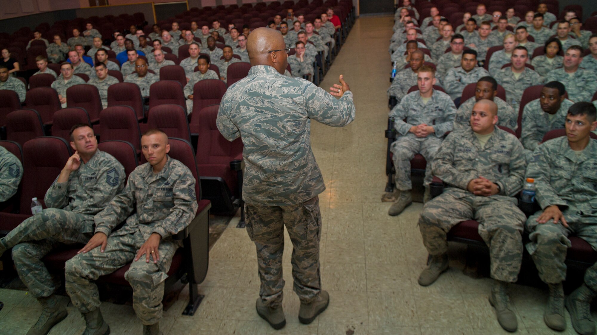 Brigadier General Allen Jamerson, director of Security Forces, addresses various military police personnel during the Director of Security Forces all call at Holloman Air Force Base, June 26. The Ground Command Readiness Training Center consolidated a regional training center for all the military police personnel from both Air Force and Army to use to conduct required pre-deployment training. (U.S. Air Force photo by Airman 1st Class Aaron Montoya / Released)