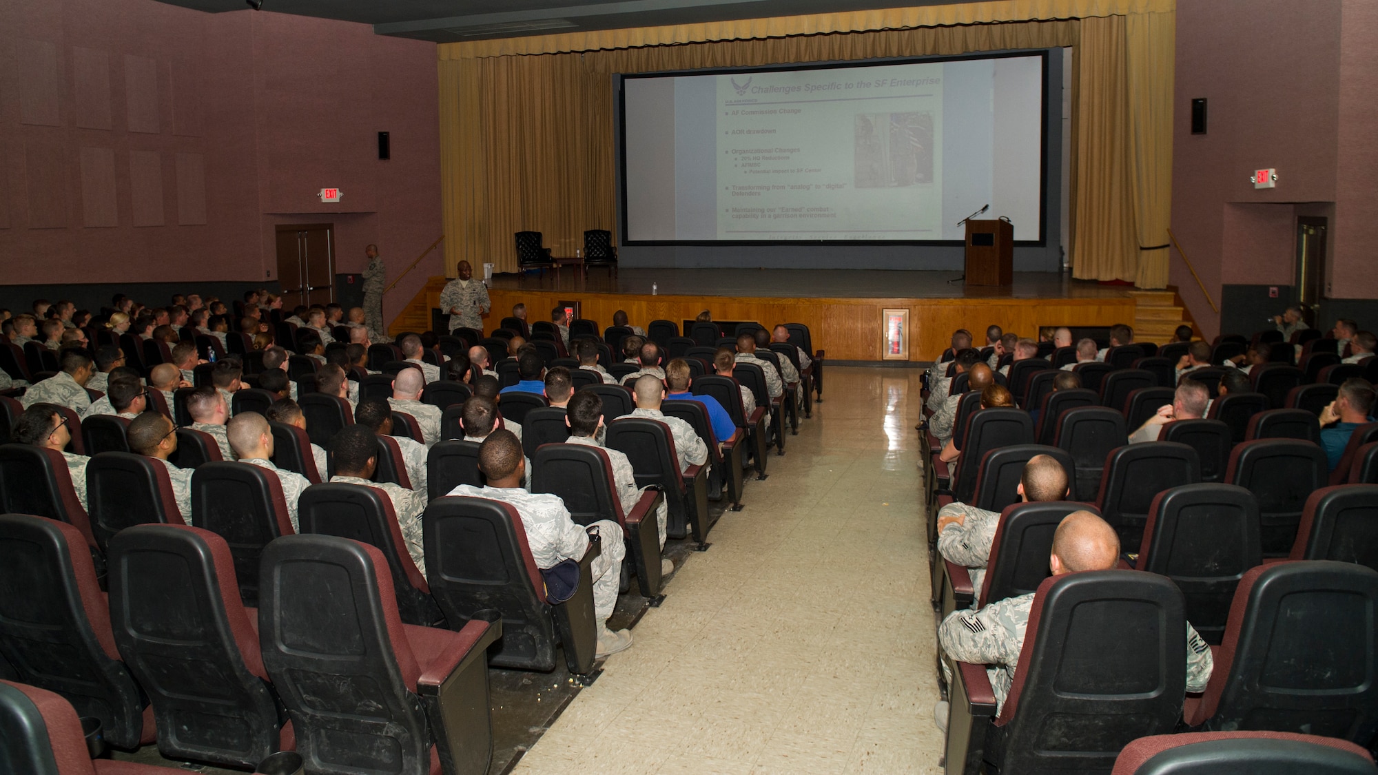 Brigadier General Allen Jamerson, director of Security Forces, addresses various military police personnel during the Director of Security Forces all call at Holloman Air Force Base, June 26. The Ground Command Readiness Training Center consolidated a regional training center for all the military police personnel from both Air Force and Army to use to conduct required pre-deployment training. (U.S. Air Force photo by Airman 1st Class Aaron Montoya / Released)