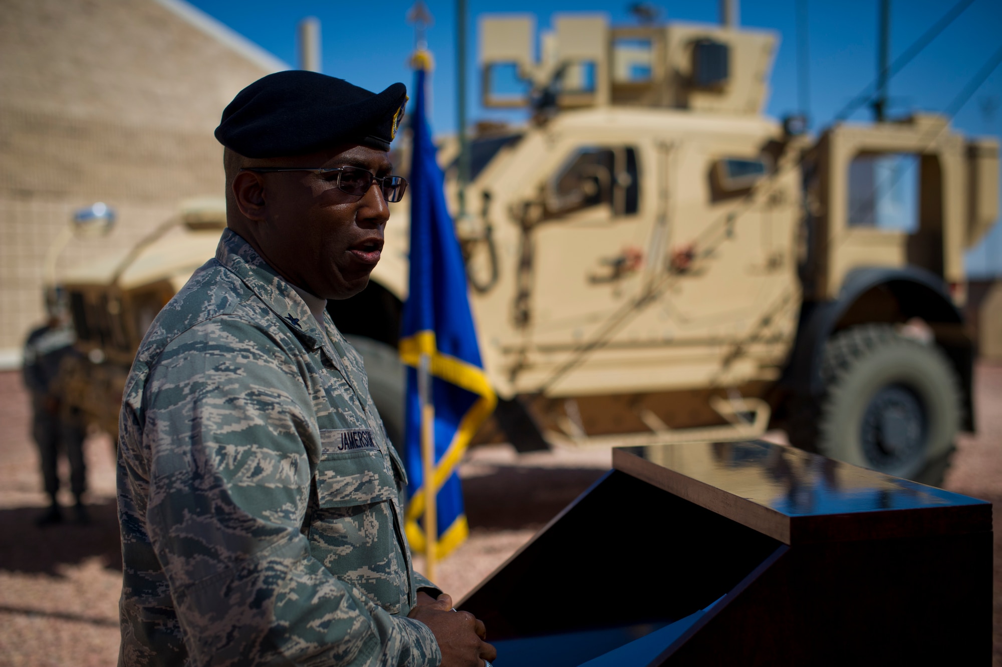 Brigadier General Allen Jamerson, director of Security Forces, addresses various military police personnel during the opening ceremony of the Ground Command Readiness Training Center assumption of command at Fort Bliss, Texas, June 26. The GCRTC consolidated a regional training center for all the military police personnel from both Air Force and Army to use to conduct required pre-deployment training. (U.S. Air Force photo by Airman 1st Class Aaron Montoya / Released)