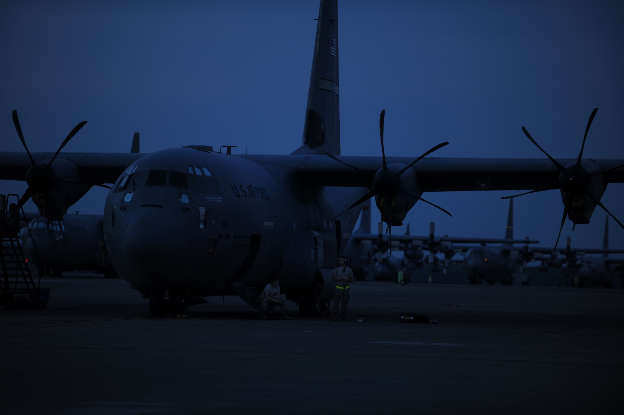 Maintainers from the 314th Aircraft Maintenance Squadron work through the night June 20, 2014, at Little Rock Air Force Base, Ark.  Maintenance Airmen ensure that Team Little Rock C-130 aircraft are safe, functioning properly and ready to meet training and operational missions. (U.S. photo by Airman
1st Class Cliffton Dolezal)
