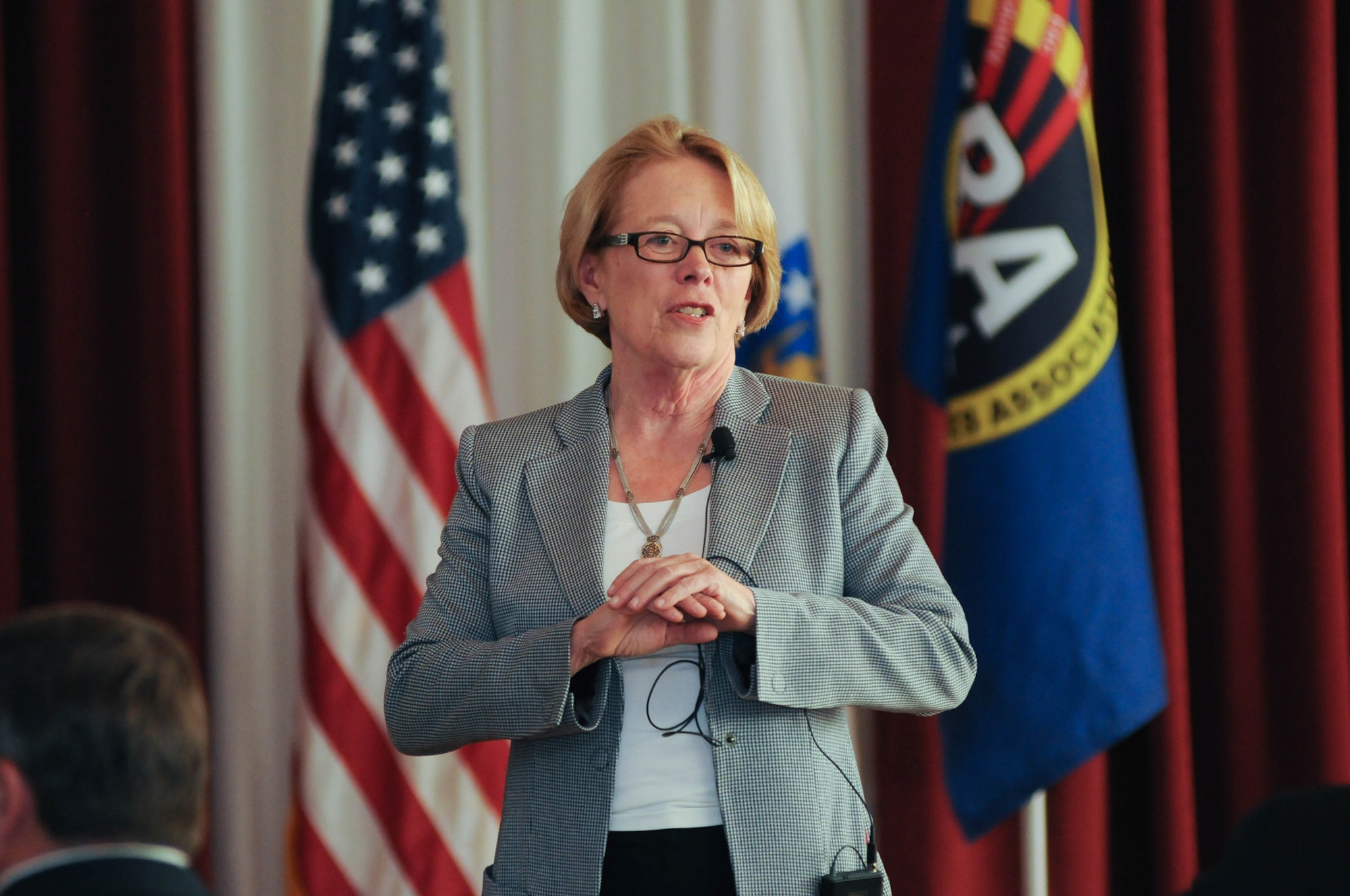 HANSCOM AIR FORCE BASE, Mass. - U.S. Rep. Niki Tsongas addresses members of the Hanscom community and industry partners during a Hanscom Representatives Association meeting at the Minuteman Commons June 27. The meeting provided an opportunity for those in attendance to ask the congresswoman questions and get her insight into a variety of areas, including her work on the House Armed Services Committee, the importance of small businesses, national security and cybersecurity. (U.S. Air Force photo by Mark Herlihy)