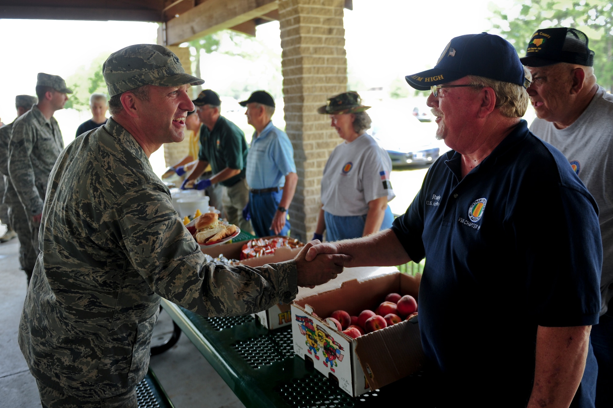 Col. Mark Slocum, 4th Fighter Wing commander, shakes hands with members of the Vietnam Veterans of America, Chapter 990 of Johnston County during a wing picnic, June 25, 2014, at Seymour Johnson Air Force Base, North Carolina.  For the past four years, the Vietnam Veterans of America, Chapter 990 of Johnston County has provided a free meal at each of the four military bases in North Carolina.  The VVA is a private organization and has no governmental status.  (U.S. Air Force photo/Airman 1st Class Brittain Crolley)