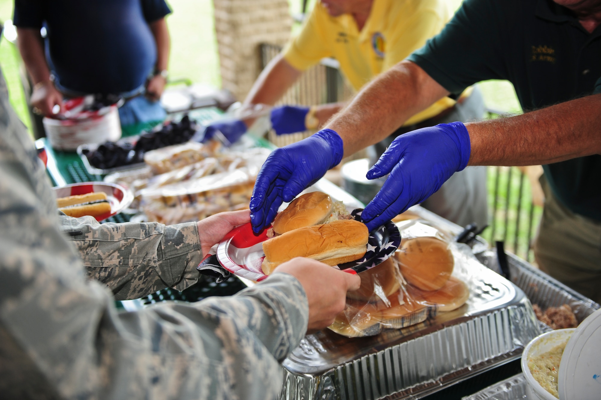 Members of the Vietnam Veterans of America, Chapter 990 of Johnston County serve food to Airmen during a wing picnic, June 25, 2014, at Seymour Johnson Air Force Base, North Carolina.  The VVA provided Airmen with barbeque style foods to thank them for their service.  The VVA is a private organization and has no governmental status.  (U.S. Air Force photo/Airman 1st Class Brittain Crolley)