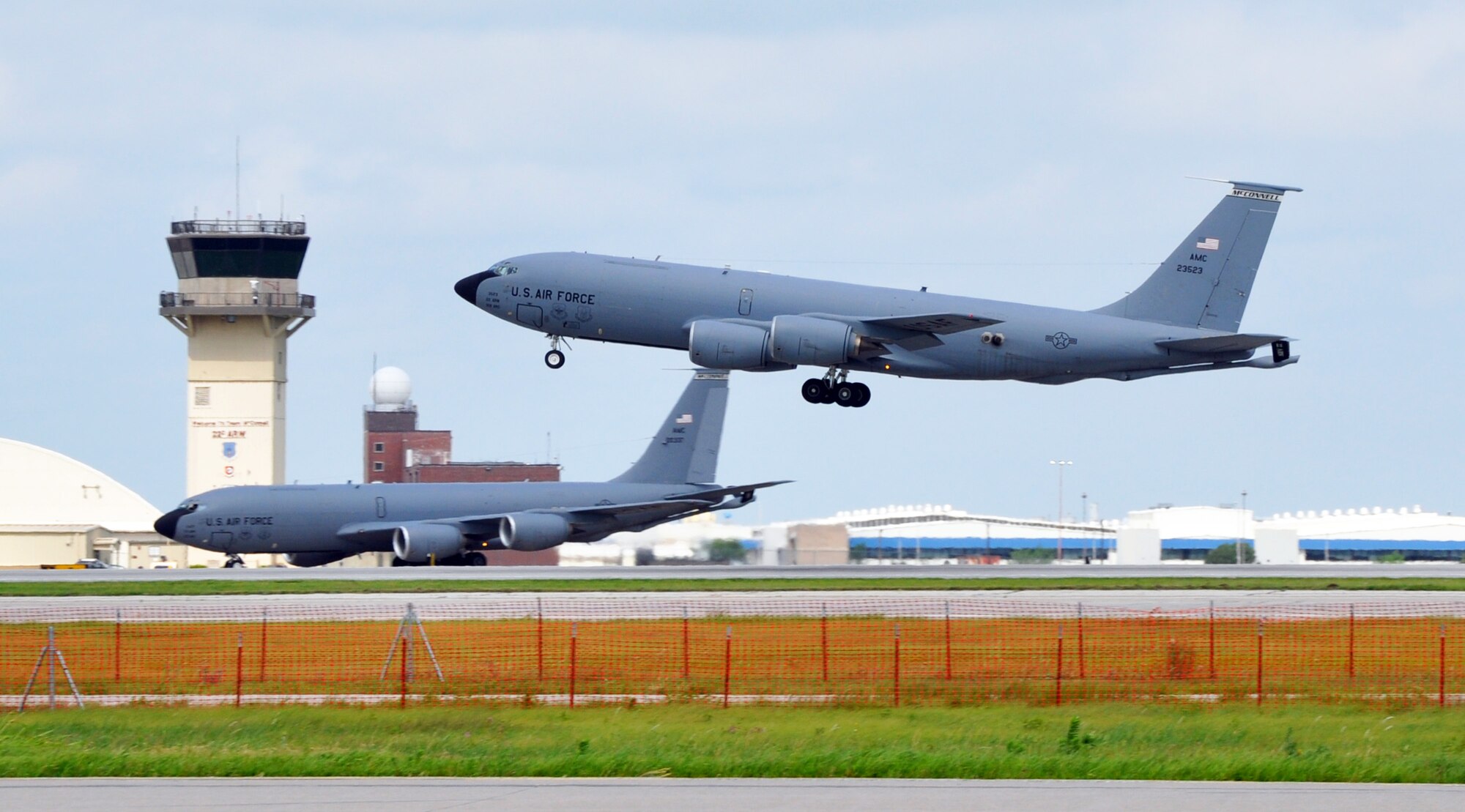 A KC-135 Stratotanker lifts off from the runway at McConnell Air Force Base, Kan., June 27, 2014. McConnell is home to the Air Force Reserve 931st Air Refueling Group and the active duty 22nd Air Refueling Wing, both of which fly and maintain the KC-135 aircraft assigned to the base. The KC-135 Stratotanker provides the core aerial refueling capability for the United States Air Force and has excelled in this role for more than 50 years. (U.S. Air Force photo by Capt. Zach Anderson)