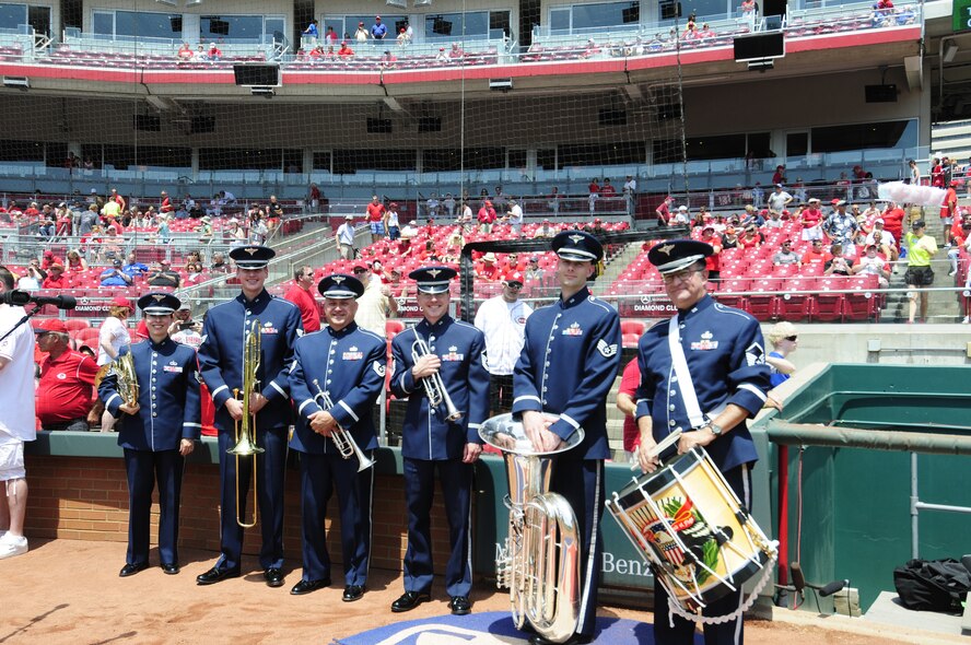 Members of the Wright Brass from the Air Force Band of Flight played the national anthem during pre-game festivities at Great American Ball Park in Cincinnati June 22 (Photo by Cindy Holbrook). 