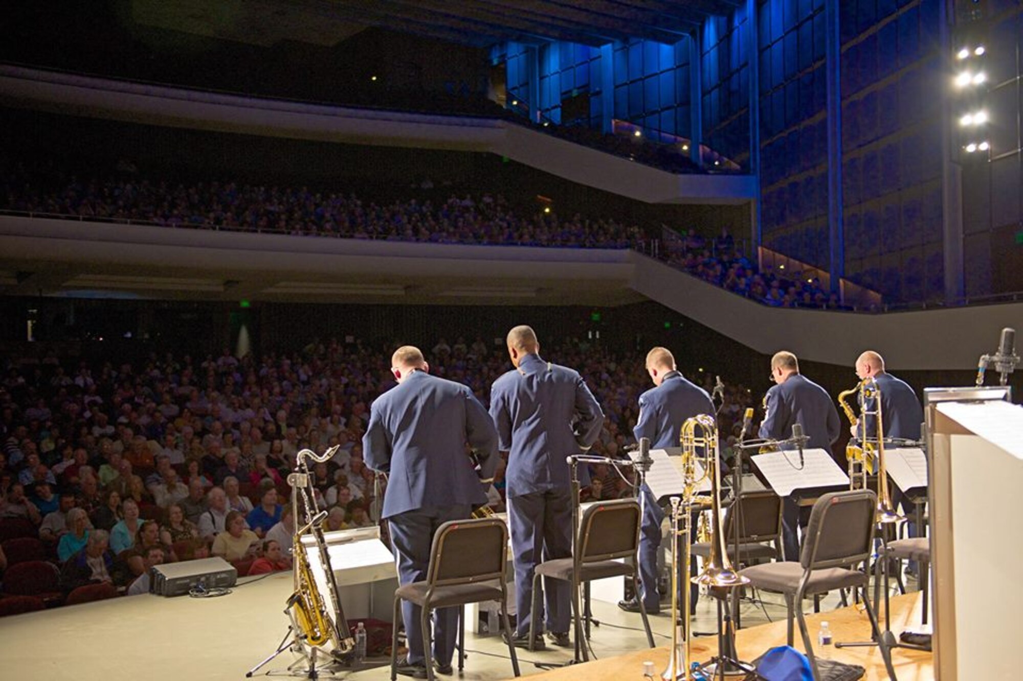 The Airmen of Note saxophones perform a section feature at the Miller Auditorium on the campus of Western Michigan University in Kalamazoo, Mich, on Monday, June 23. (U.S. Air Force photo by SMSgt Kevin Burns/released)