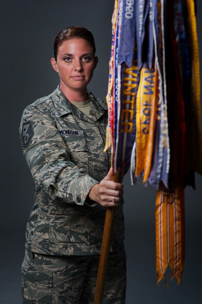 Master Sgt. Shalien Edmondson, 21st Airlift Squadron first sergeant, poses for a portrait photo June 25, 2014, at Travis Air Force Base, Calif. (U.S. Air Force photo/Senior Airman Charles Rivezzo)