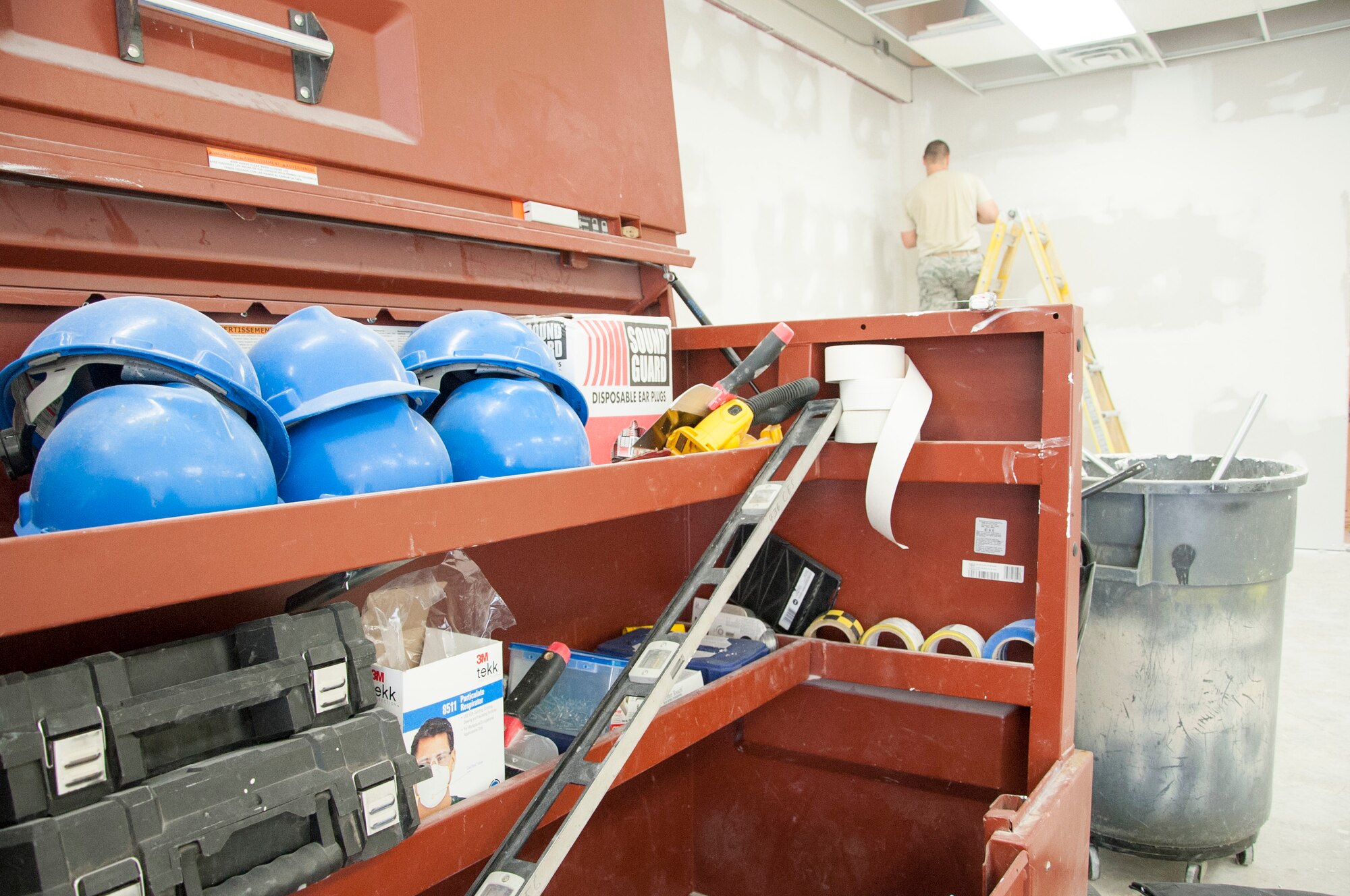 One of the 436th Civil Engineer Squadron structural engeneer’s tool box sits open durring renovations June 25, 2014, on Dover Air Force Base, Del. The renovations took place at the base combat arms shooting range to expand office space as well as streamline training provided by the combat arms instructors. (U.S. Air Force photo/Senior Airman Jared Duhon)