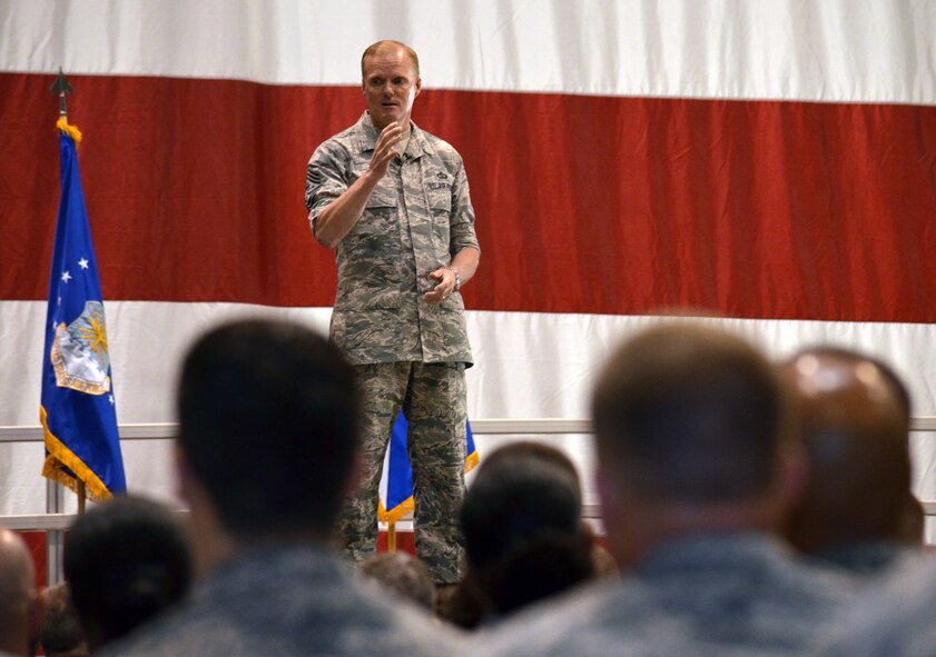 Chief Master Sgt. of the Air Force James Cody addresses Airmen during an enlisted call June 24, 2014, at Robins Air Force Base, Ga. During the visit, Cody met with more than 2,000 Reserve, Guard and active-duty Airmen and spoke about key issues in the Air Force. (U.S. Air Force photo/Staff Sgt. Kelly Goonan)