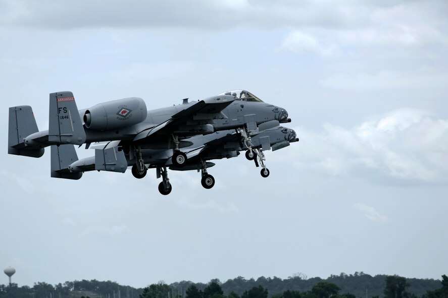 Two 188th Wing A-10C Thunderbolt II “Warthogs” piloted by Col. Mark Anderson, 188th Wing commander, and Maj. Doug Davis, 188th Detachment 1 commander, take off from Ebbing Air National Guard Base, Fort Smith, Arkansas, June 7, 2014. This sortie marked the wing’s final A-10 departure and capped the 188th’s Conversion Day ceremony, which recognized the many changes occurring at the wing as a result of its conversion to a remotely piloted aircraft (MQ-9 Reapers) and intelligence, surveillance and reconnaissance mission. The 188th Fighter Wing was also redesignated as the 188th Wing during the event. (U.S. Air National Guard photo by Master Sgt. Mark Moore)
