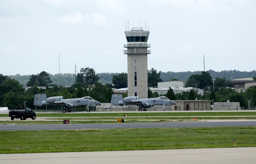 Two 188th Wing A-10C Thunderbolt II “Warthogs” piloted by Col. Mark Anderson, 188th Wing commander, and Maj. Doug Davis, 188th Detachment 1 commander, take off from Ebbing Air National Guard Base, Fort Smith, Arkansas, June 7, 2014. This sortie marked the wing’s final A-10 departure and capped the 188th’s Conversion Day ceremony, which recognized the many changes occurring at the wing as a result of its conversion to a remotely piloted aircraft (MQ-9 Reapers) and intelligence, surveillance and reconnaissance mission. The 188th Fighter Wing was also redesignated as the 188th Wing during the event. (U.S. Air National Guard photo by Master Sgt. Mark Moore)